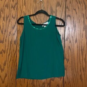 Diane Gilman 100% Silk Top Women S Green Sequin Neck Sleeveless Blouse